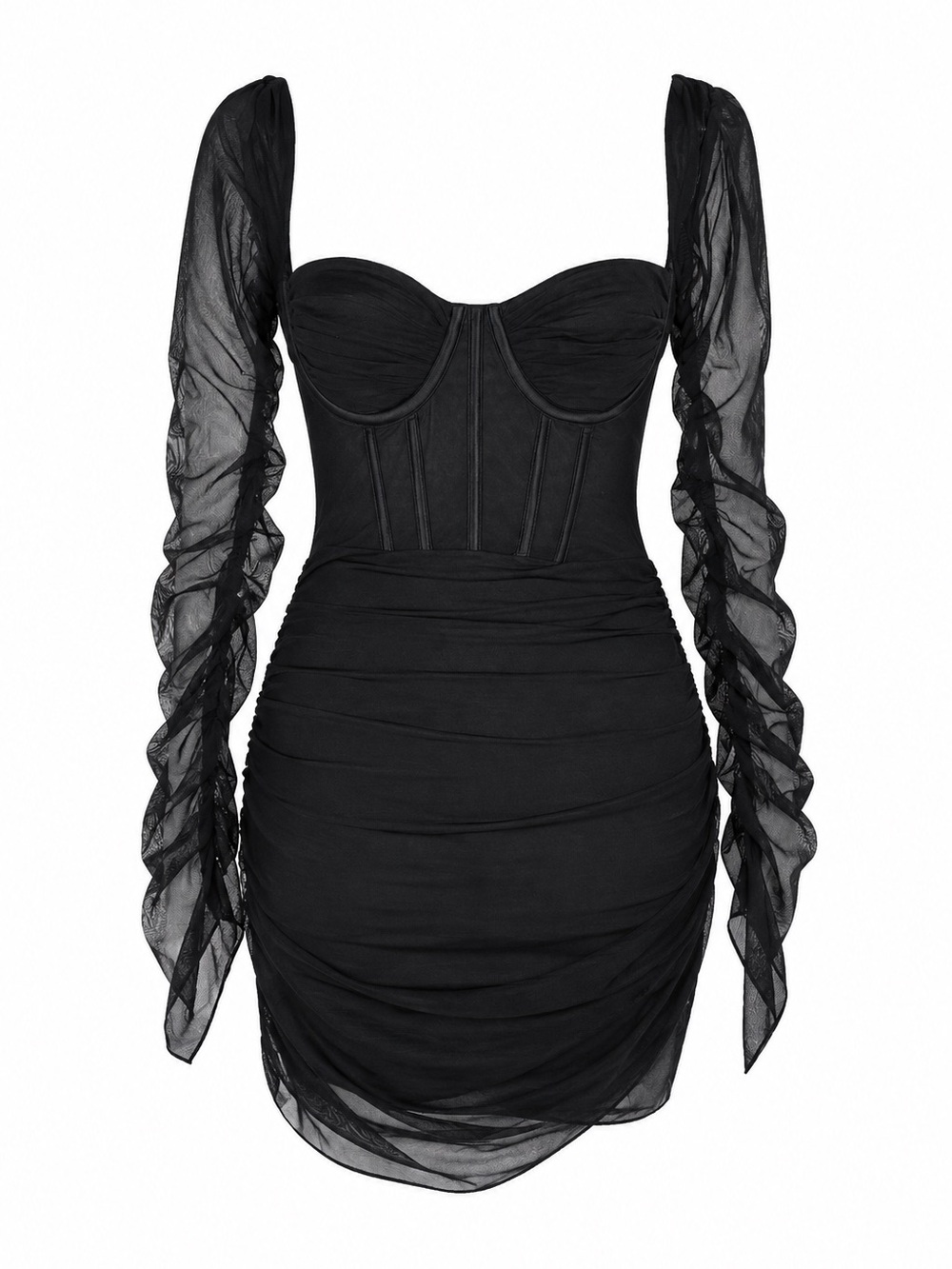 Oh Polly black mesh‎ Corset Rushed Mini Dress sheer Sleeve Bodycon.